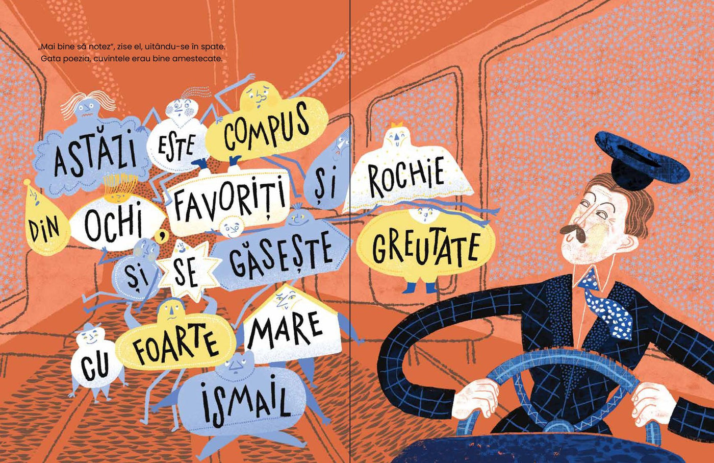Pagini din interiorul cărții Un autobuz condus de Urmuz de Olina Ortiz — ilustrații pentru copii