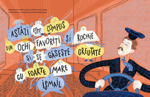 Pagini din interiorul cărții Un autobuz condus de Urmuz de Olina Ortiz — ilustrații pentru copii