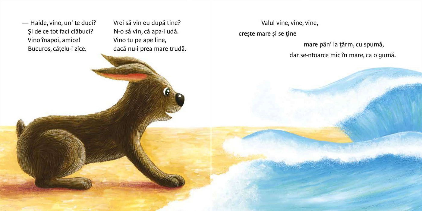 Pagini din interiorul cărții Un cățel pe malul mării de Olina Ortiz — ilustrații pentru copii