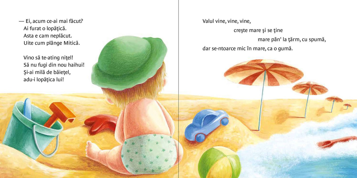 Pagini din interiorul cărții Un cățel pe malul mării de Olina Ortiz — ilustrații pentru copii